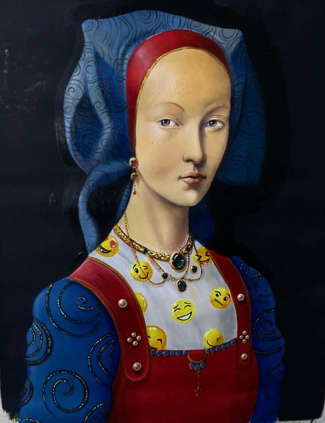Malerei einer Frau mit historischem Klein in blau und rot. Auf einem weissen Oberteil, das hervorschein, sind Emojis gedruckt.