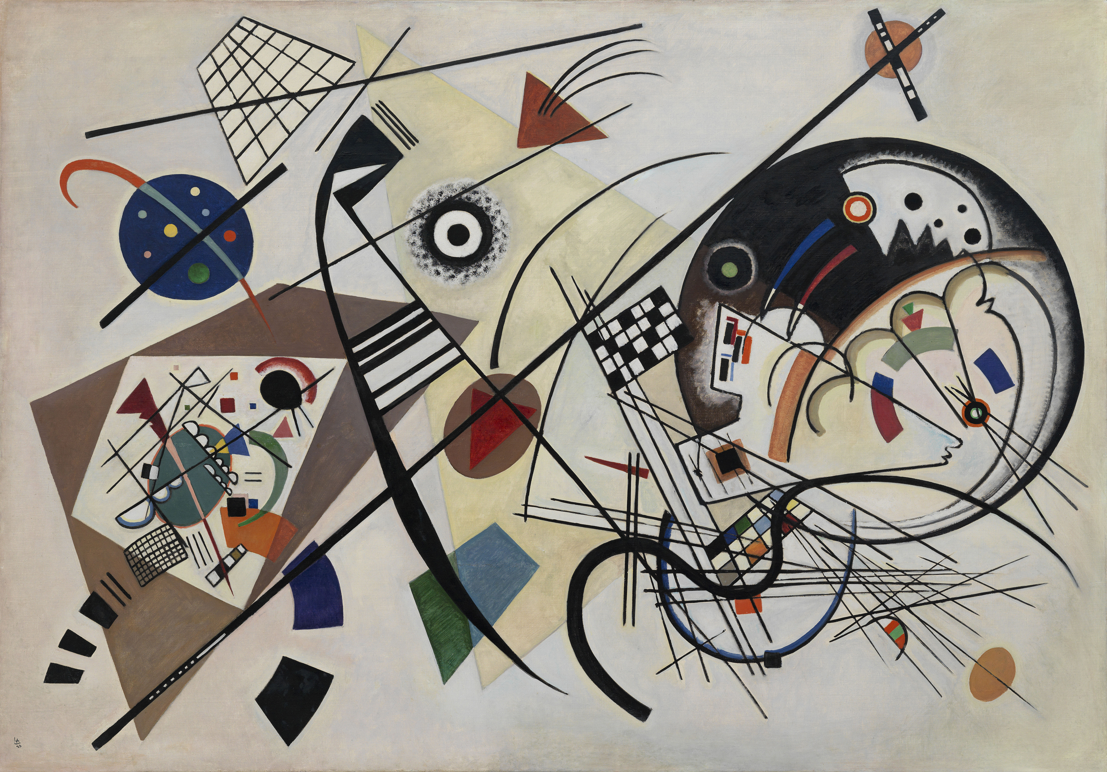 Kandinsky Malerei von verschiedenen Mustern und nicht-identifizierbaren Symboliken, die wild durcheinender tanzen. Einge gerade Linien durchkreuzen das Bild.