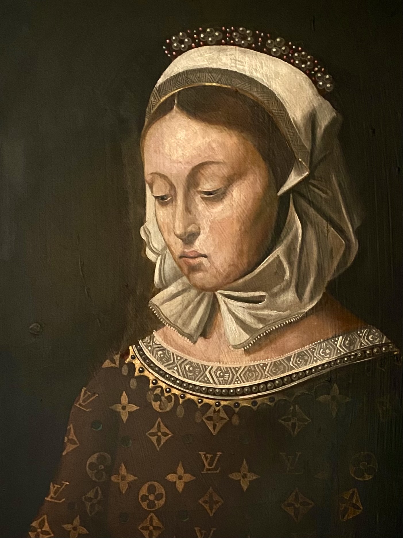 Malerei einer Frau in Louis Vuitton Kleid. Die Malerei ist in einem Renaissance-Stil gehalten. 