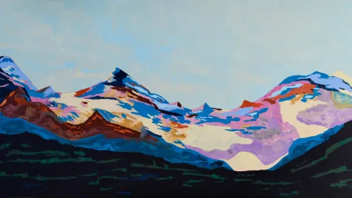 Farbige Malerei von Bergen mit blauem Himmel.