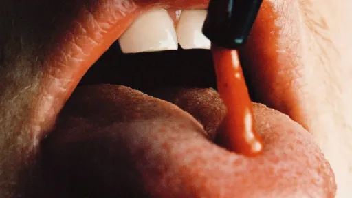 Ein Mund mit ausgestreckter Zunge in Grossaufnahme. Eine pastose, rote Masse läuft auf die Zunge