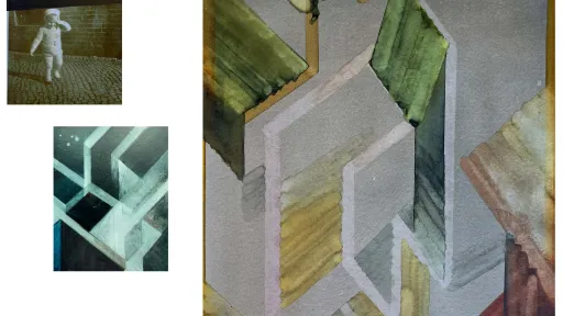 Weisser Hintergrund mit drei Malereien und Fotografien darauf.