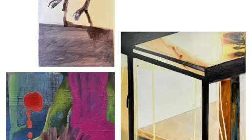 Drei Malereien auf weissem Hintergrund. Die Malereien zeigen einen Tisch, eine Figur sowie eine abstrakte, farbige Form