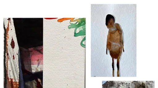 Weisser Hintergrund mit drei Malereien darauf. 