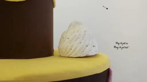 Eine kleine Skulptur aus Gips steht auf Objekten, die von Stoff überzogen sind.