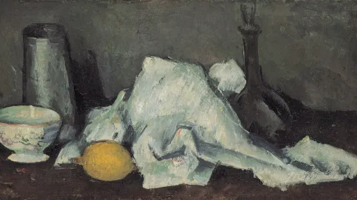 Malerei Stilleben: Eine Schüssel, Flaschen, ein weisses Tuch und eine Zitrone.