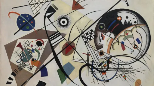 Kandinsky Malerei von verschiedenen Mustern und nicht-identifizierbaren Symboliken, die wild durcheinender tanzen. Einge gerade Linien durchkreuzen das Bild.