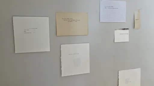 Einige verschieden grosse Papier-Stücke an die Wand geklebt. Es hat Text darauf.