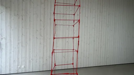 Eine Turm-Skulptur aus 126 roten Stäben in einem leeren Ausstellungsraum