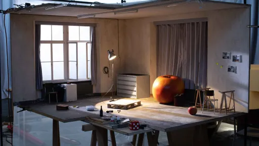 Ein kleines Modell eines Ateliers mit einem originalgrossen Apfel darin. Der Apfel wirk im nachgebauten Raum überdimensional