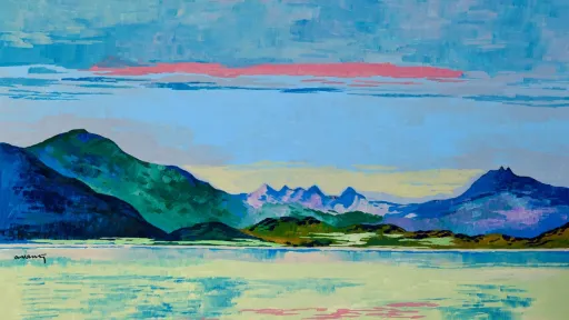 Ein gemaltes Bild eines Sees mit Bergpanorama
